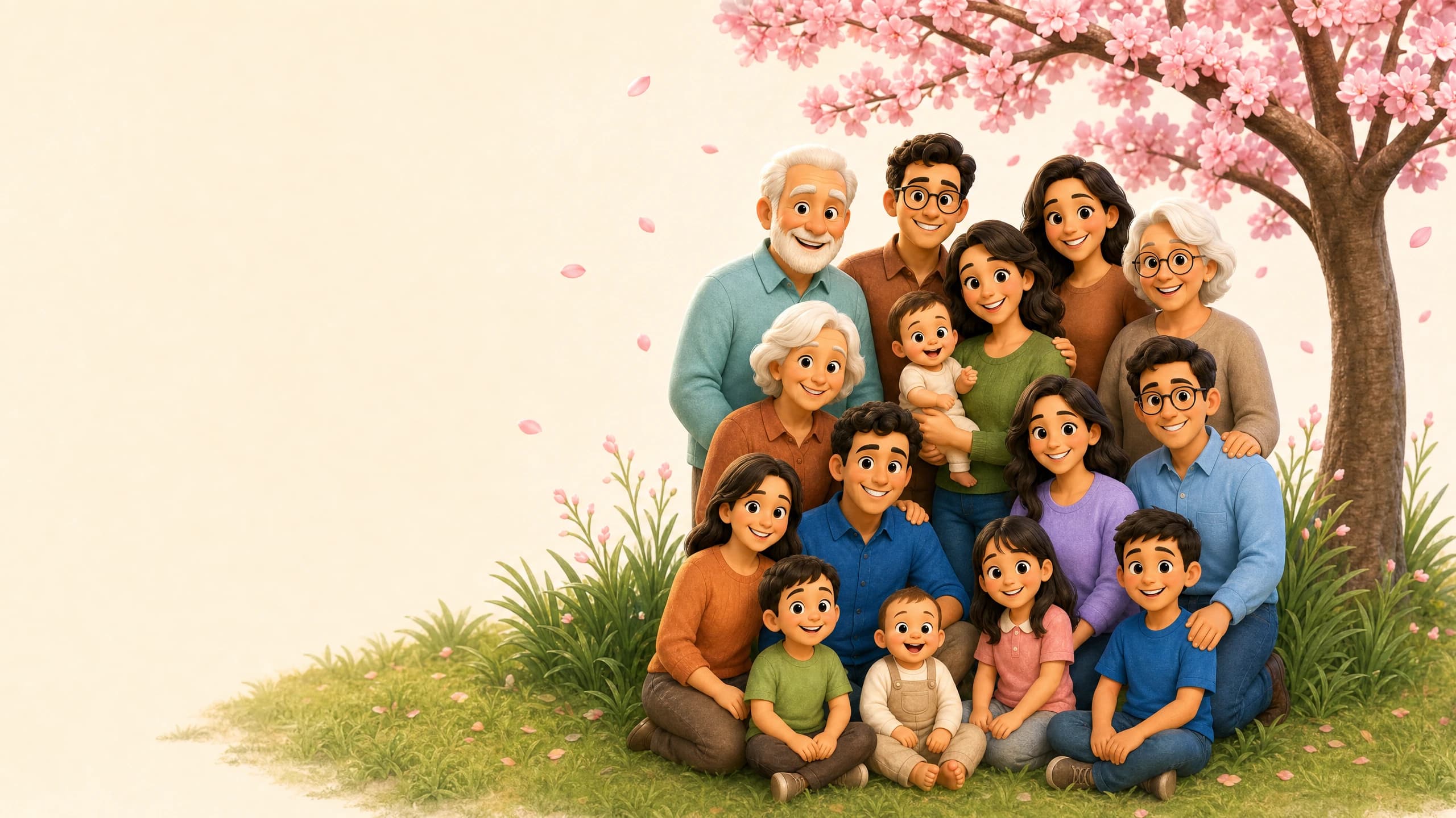 A multigenerational family gathered beneath cherry blossoms